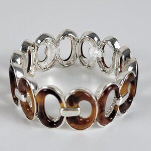 Silver-Tone Brown Tortoise Oval Link Stretch Bracelet 7.5 In Sizable